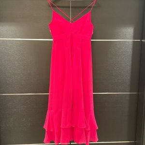 Nanette Lepore Hot Pink Criss Cross Back Midi Dress with Tiered Ruffle Size 4